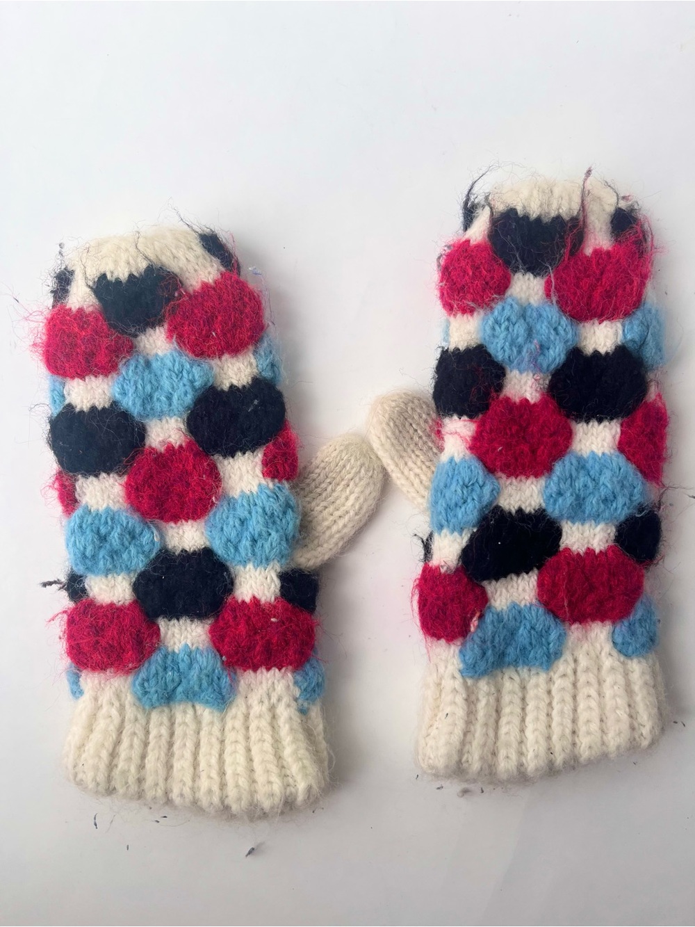 Handmade Multicolor Knitted Mittens White Blue Black Red One Size Women’s